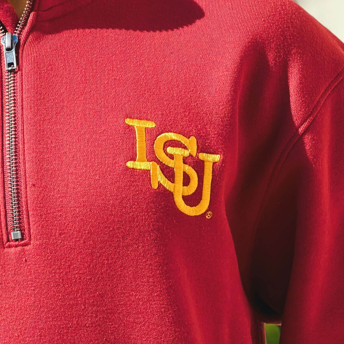 Champion ISU Cardinal Quarter Zip SMU design close up